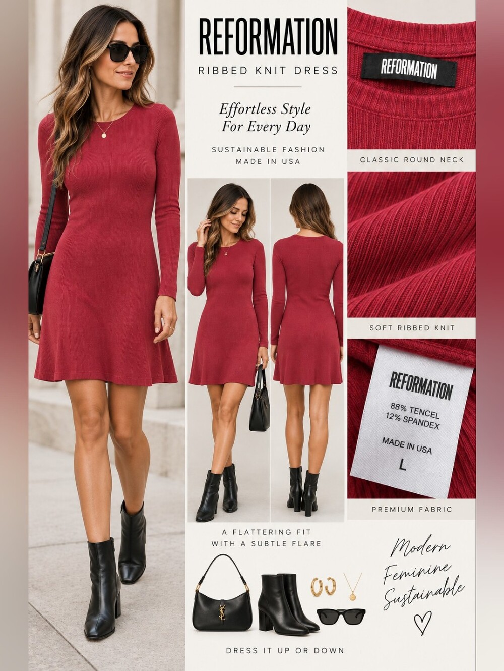 Reformation Ribbed Knit Long Sleeve Dress Raspberry Red Size L